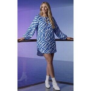 Boho Soul Blue Zebra Oversized Tunic Mini Dress Lagenlook Lantern Sleeve M